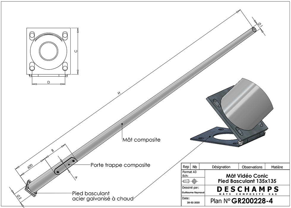 Palo video conico con piede basculante acciao.