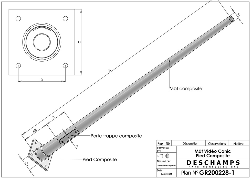 Palo video conico piede fisso in composito