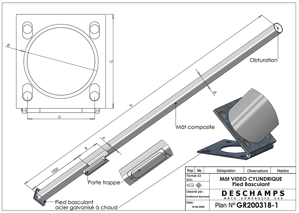 Disegno tecnico palo video cilindrico con piede basculante